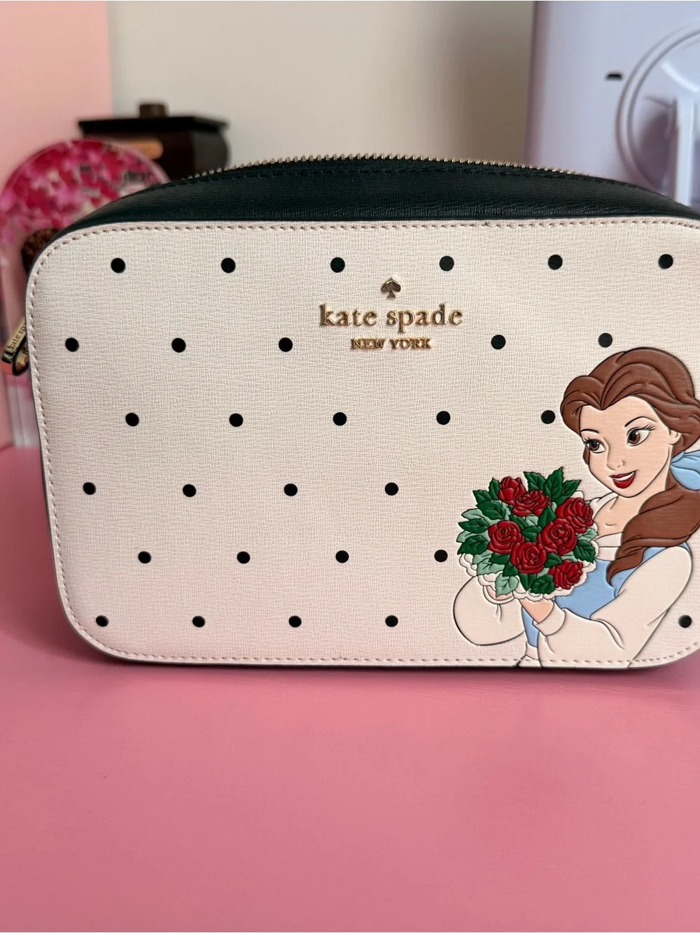 kate spade White Polka Dot Belle Cosmetic Case with Red Rose Accent